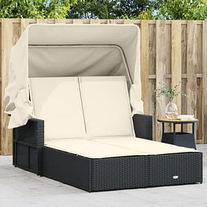 Double Sun Lounger with Canopy and Cushions Poly Rattan