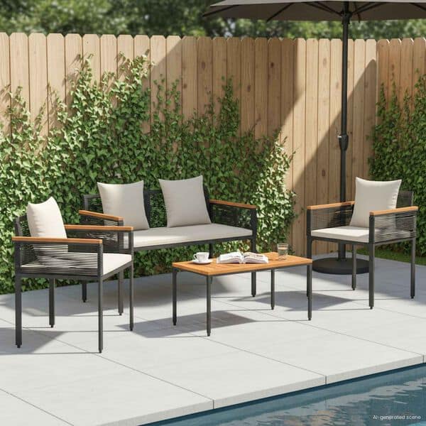 Outdoor Furniture Set Black and Cream White Poly Rattan - Image 2